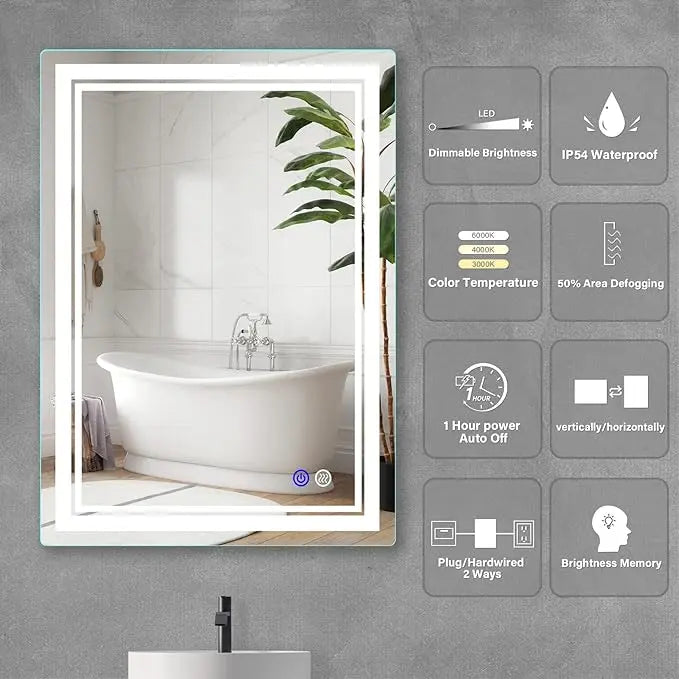 Frameless Rectangular LED Bathroom Vanity Mirror – Anti-Fog, Wall-Mounted, Dimmable Bright Light, 3 Color Temperatures, Modern Design, Touch Control, Ideal for Vanity, Makeup & Grooming