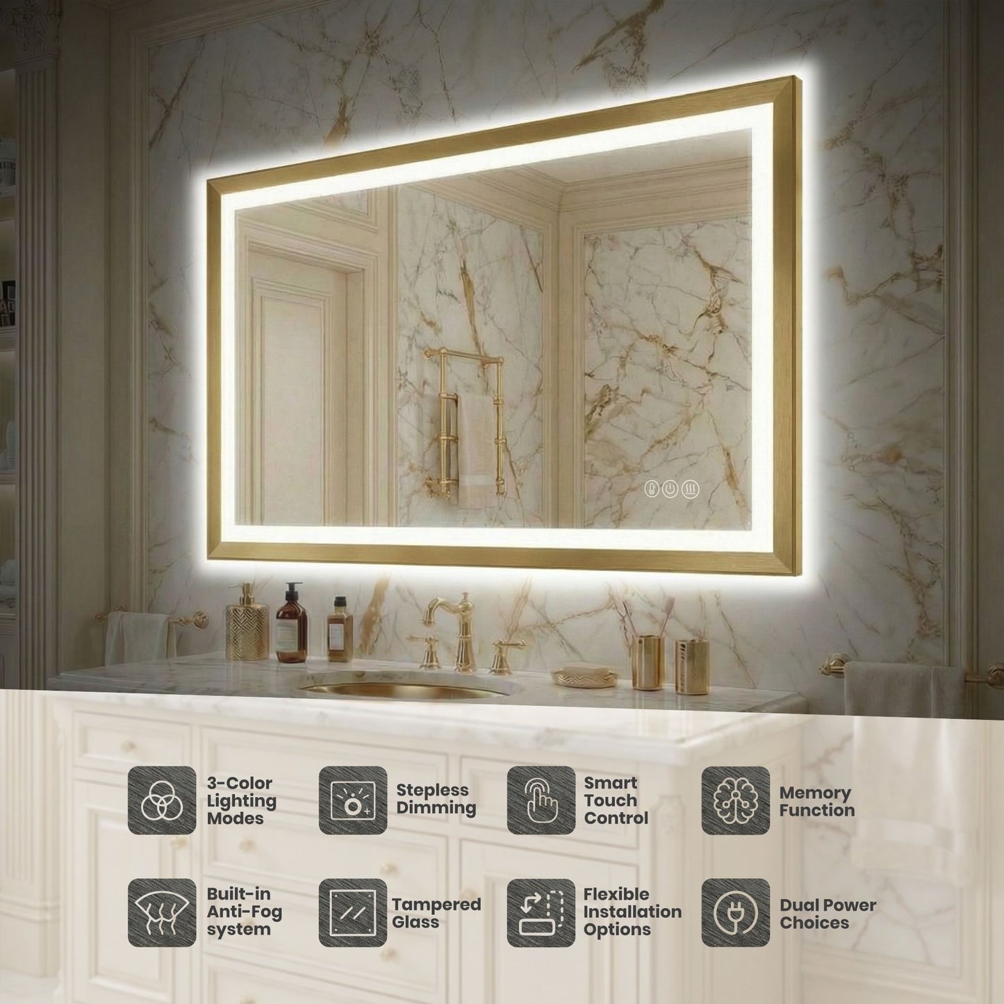 Sleek LED Vanity Mirror – Beveled Edge, 3-Color Dimming, Anti-Fog