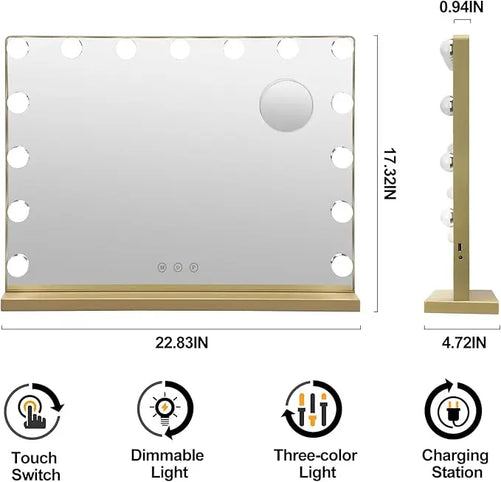 Vanity Mirror with Lights – 15 USB Dimmable Bulbs, 3-Color Modes, Charging Port, Metal Frame, Wooden Base, Hollywood Style Lighted Makeup Mirror with Touch Control