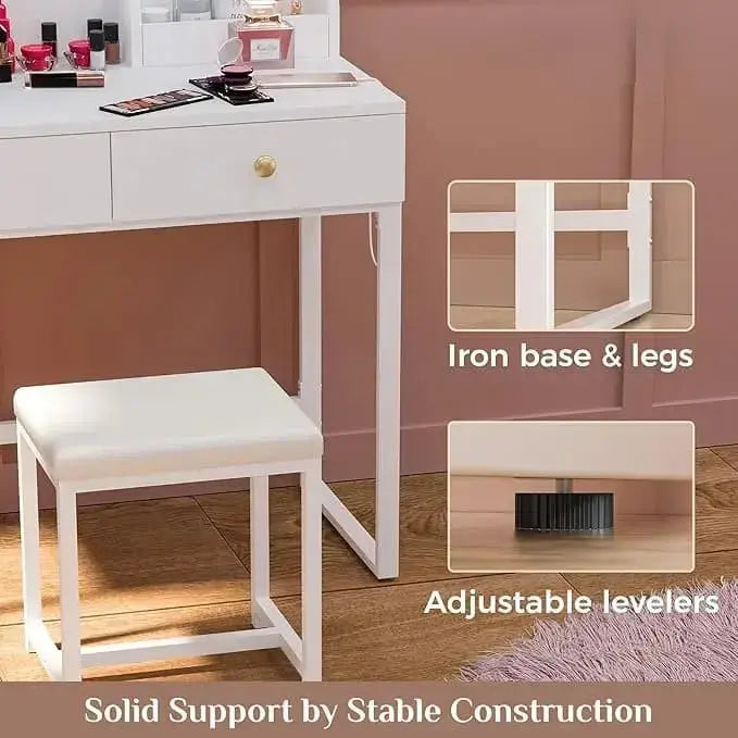 Vanity Desk with Mirror and Lights – LED Makeup Vanity Table Set with Chair, 2 Drawers, 2 Trays, Power Outlet, CRI>90, 7000 Lux Lighted Mirror for Dressing Room or Bedroom