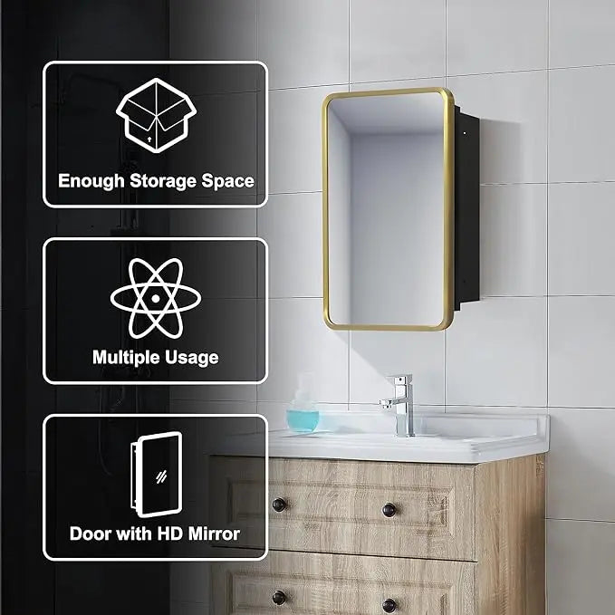 Bathroom Vanity Medicine Cabinet with Mirror – Small Brushed Brass, Stainless Steel Frame, Rounded Rectangle, Adjustable Shelves, Recessed or Surface Mount for Modern Storage