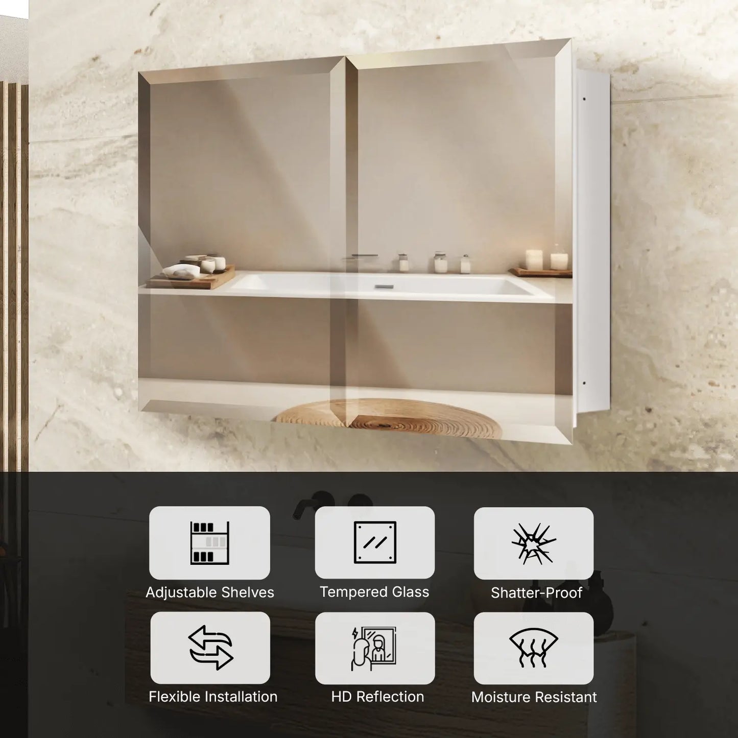 14x24 Frameless Beveled Mirror Medicine Cabinet – Wall-Mounted