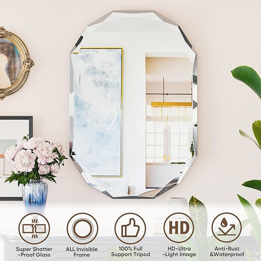 Irregular Frameless Oval Wall Mirror – Beveled Edge Bathroom Vanity Mirror, Shatterproof Modern Decorative Mirror for Living Room, Entryway, Restroom, or Any Indoor Space