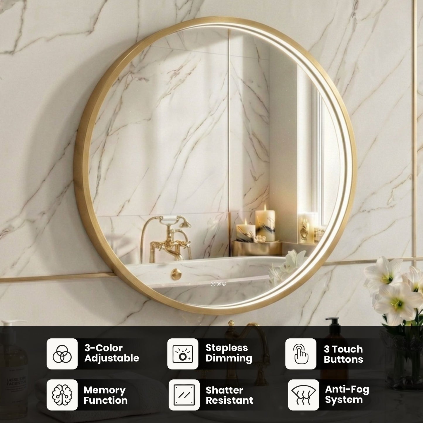 LED Round Bathroom Mirror –Anti-Fog, Dimmable, 3 Color Modes, Modern Design