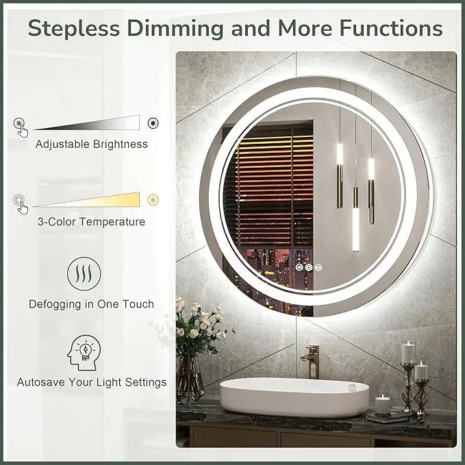 LED Round Bathroom Vanity Mirror – Front & Backlit Vanity Mirror with Double Light Strip, 3-Color Dimmable, CRI 90+, Anti-Fog, Memory Function, Wall-Mount Makeup Mirror