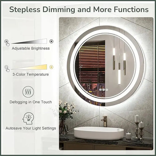LED Round Bathroom Vanity Mirror – Front & Backlit Vanity Mirror with Double Light Strip, 3-Color Dimmable, CRI 90+, Anti-Fog, Memory Function, Wall-Mount Makeup Mirror