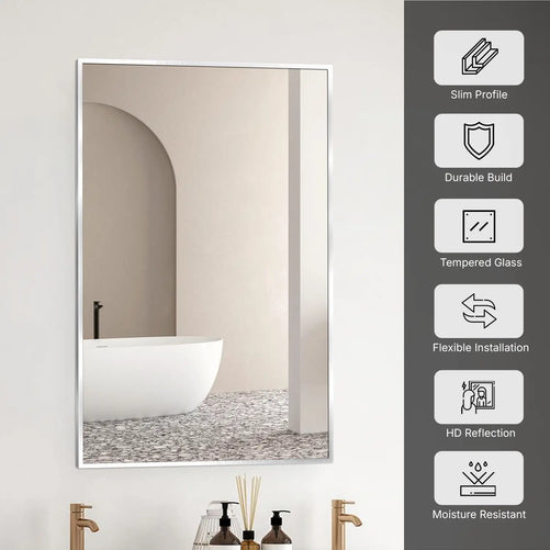 22x34 Brushed Nickel Bathroom Rectangular Mirror – Stylish Polished Nickel Wall Vanity Mirror