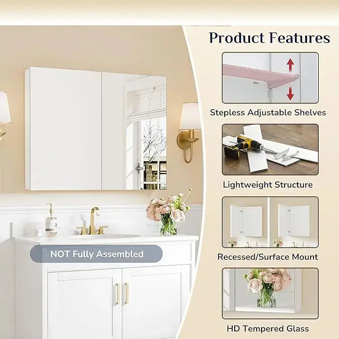 Sleek Medicine Cabinet Mirror with Storage – Aluminum, Tempered Glass, Adjustable Shelves, Surface Mount/Recessed – Modern Farmhouse Style for Bathroom Vanity, Bedroom, and More