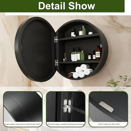 Round Bathroom Medicine Cabinet with Mirror – Metal Framed, Circular Farmhouse Design – Surface Mount Only – Small Wall-Mounted Vanity Mirror for Bathroom Storage & Stylish Décor
