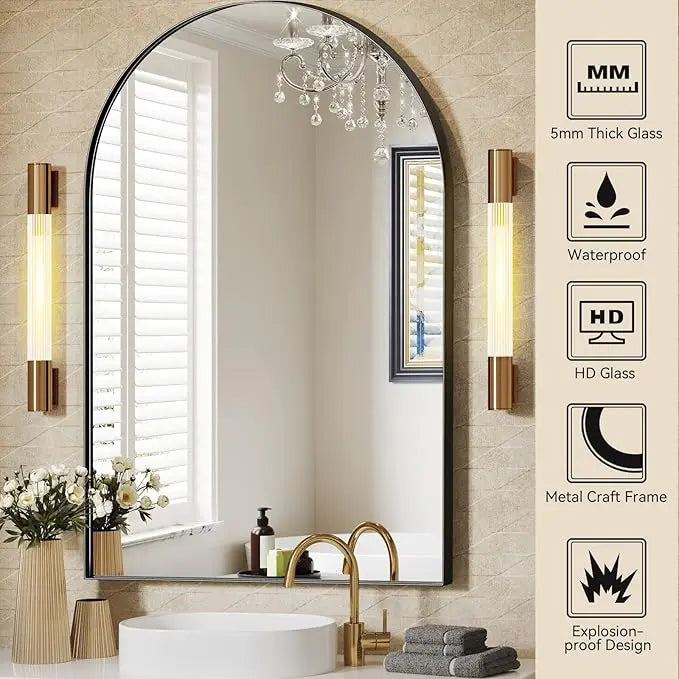 Modern Arch Bathroom Vanity Mirror – Sleek Tempered Glass Wall Mirror, Perfect for Farmhouse, Minimalist, or Contemporary Bathroom Décor