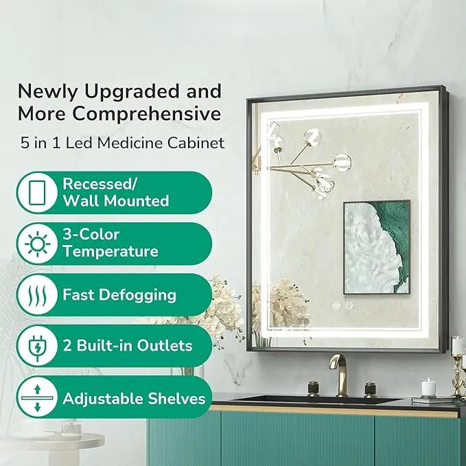 Recessed Medicine Cabinet Mirror with Lights – Tempered Glass, 3-Color Stepless Dimmable LED, Defogger & Electrical Outlets – Modern Cabinet with Storage for Bathroom, Restroom