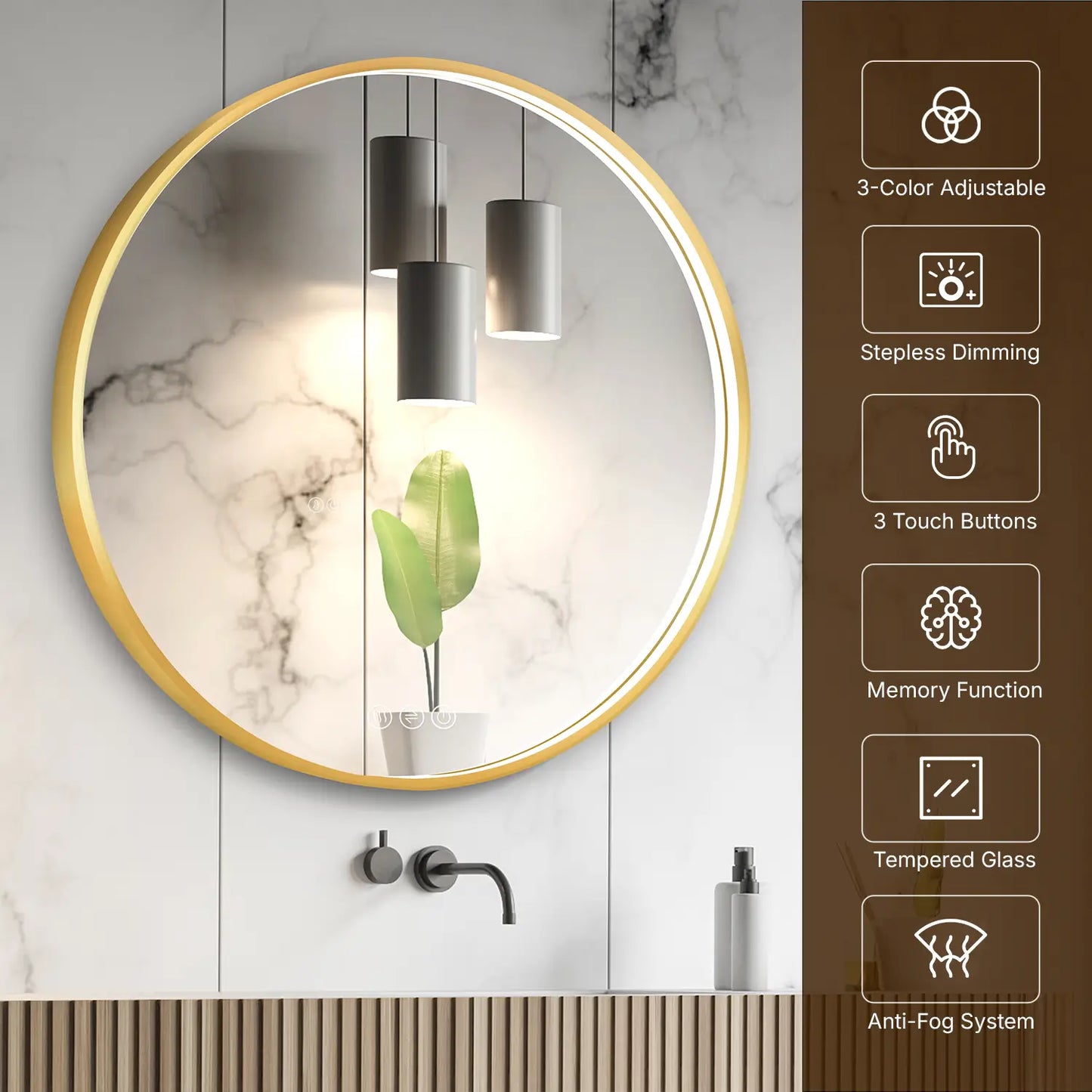 LED Round Bathroom Mirror – 3 Color Modes, Dimmable, Anti-Fog, Modern Design