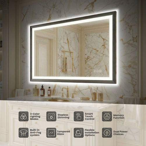 Sleek LED Vanity Mirror – Beveled Edge, 3-Color Dimming, Anti-Fog