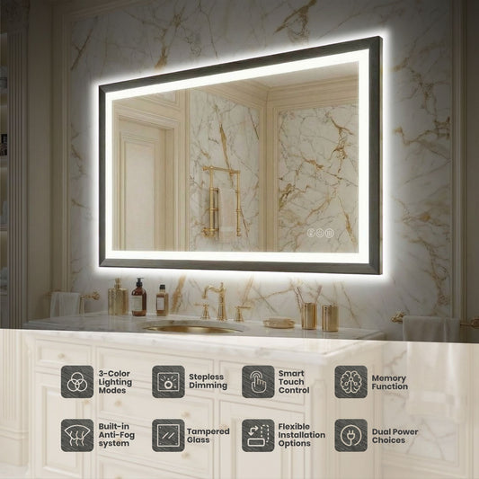Sleek LED Vanity Mirror – Beveled Edge, 3-Color Dimming, Anti-Fog