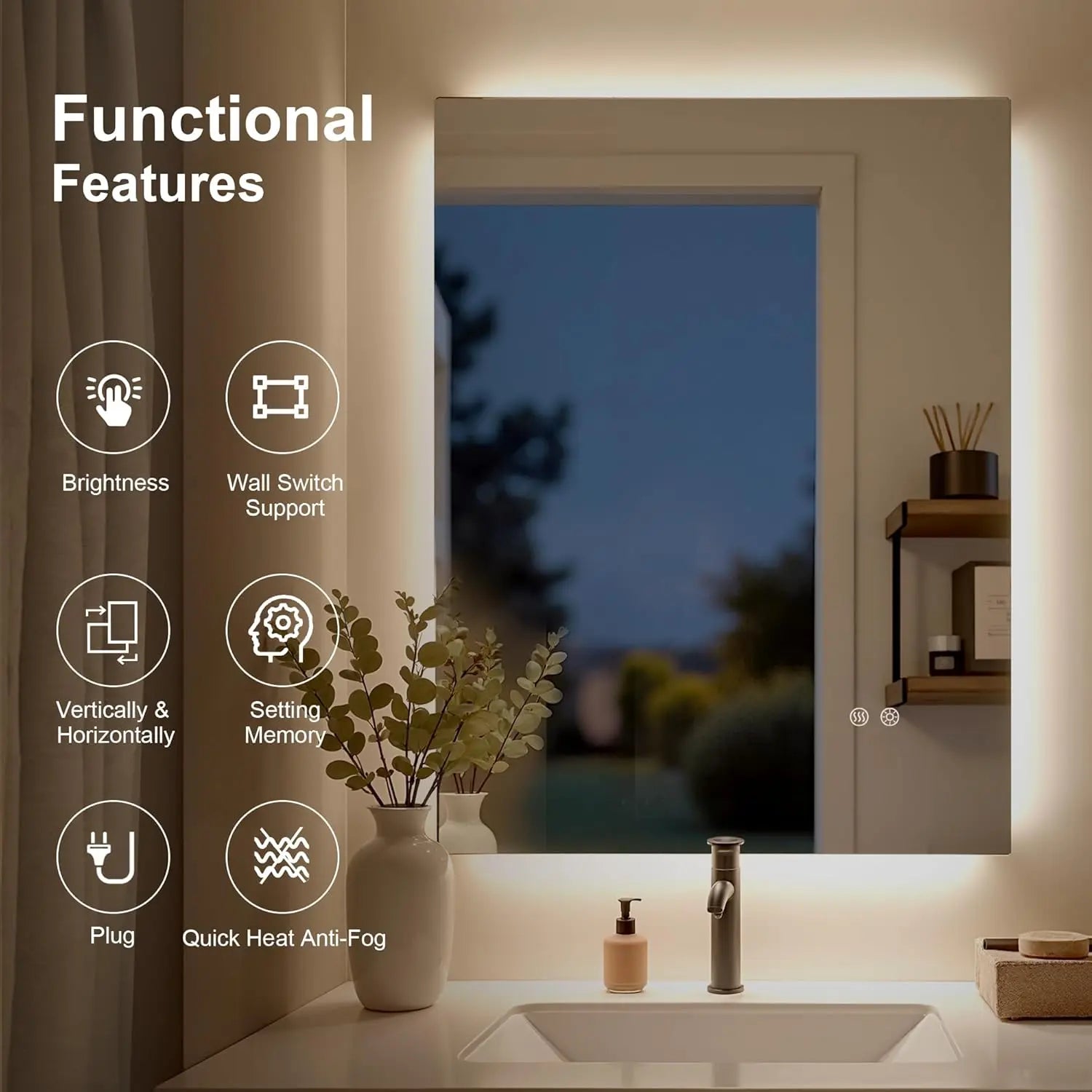 LED Backlit Bathroom Vanity Mirror – Anti-Fog Lighted Vanity Mirror, Stepless Dimmable, CRI 90+, IP54 Waterproof, Wall Mounted, Horizontal or Vertical Installation for Modern Bathroom
