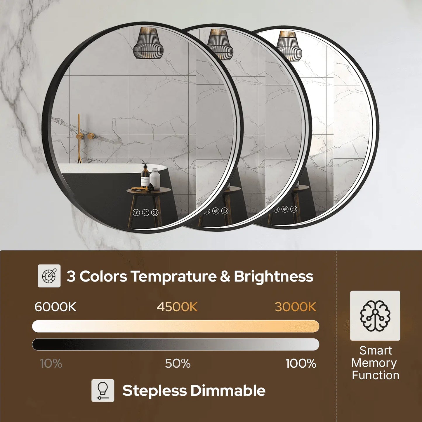 LED Round Bathroom Mirror – 3 Color Modes, Dimmable, Anti-Fog, Modern Design