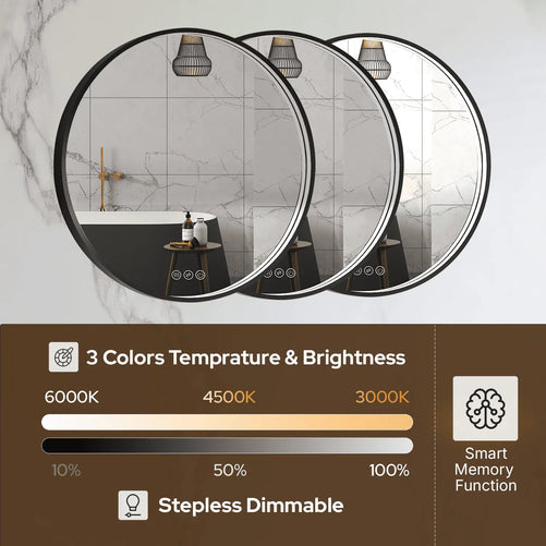 LED Round Bathroom Mirror – 3 Color Modes, Dimmable, Anti-Fog, Modern Design