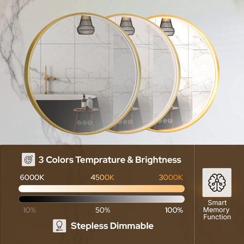 LED Round Bathroom Mirror – 3 Color Modes, Dimmable, Anti-Fog, Modern Design