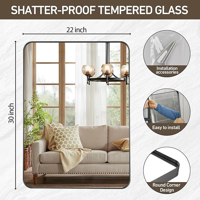 Aluminum Framed Bathroom Vanity Mirror – HD Tempered Glass Wall-Mounted Design, Ideal for Over-the-Sink Use, Supports Horizontal/Vertical Installation for Modern Décor