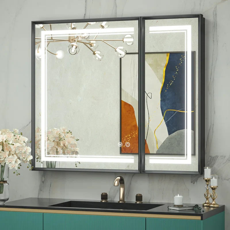 Recessed Medicine Cabinet Mirror with Lights – Tempered Glass, 3-Color Stepless Dimmable LED, Defogger & Electrical Outlets – Modern Cabinet with Storage for Bathroom, Restroom