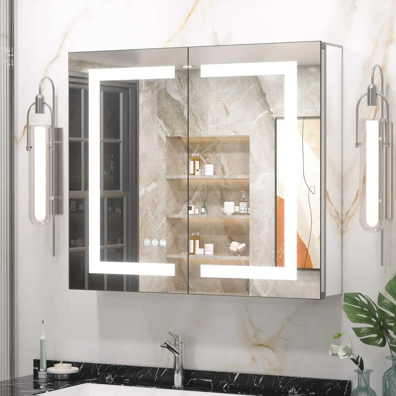 Modern Bathroom Vanity Mirror with Storage – Beveled Metal Frame, Aluminum Alloy Medicine Cabinet with Adjustable Shelves – Ideal for Bathroom Organization and Stylish Décor