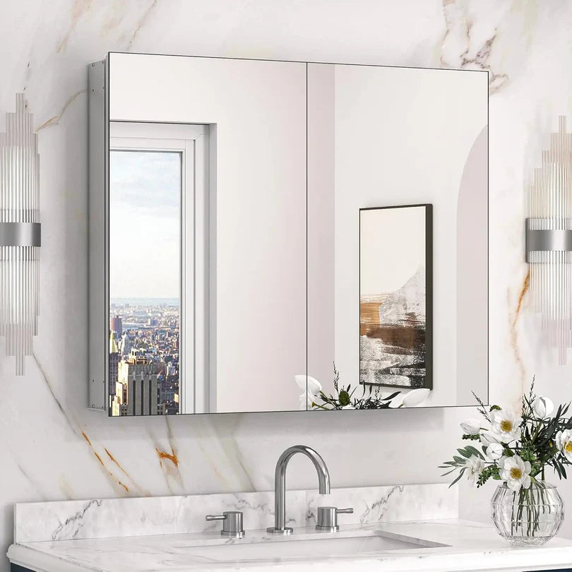 Sleek Medicine Cabinet Mirror with Storage – Aluminum, Tempered Glass, Adjustable Shelves, Surface Mount/Recessed – Modern Farmhouse Style for Bathroom Vanity, Bedroom, and More