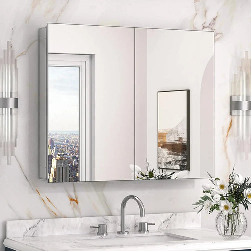 Sleek Medicine Cabinet Mirror with Storage – Aluminum, Tempered Glass, Adjustable Shelves, Surface Mount/Recessed – Modern Farmhouse Style for Bathroom Vanity, Bedroom, and More