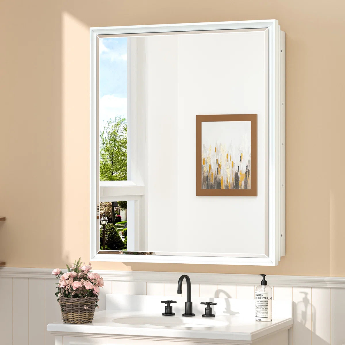 Modern Bathroom Vanity Mirror with Storage – Beveled Metal Frame, Aluminum Alloy Medicine Cabinet with Adjustable Shelves – Ideal for Bathroom, Living room Organization and Stylish Décor