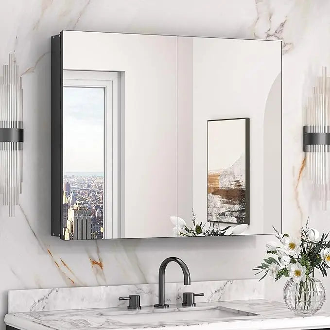 Sleek Medicine Cabinet Mirror with Storage – Aluminum, Tempered Glass, Adjustable Shelves, Surface Mount/Recessed – Modern Farmhouse Style for Bathroom Vanity, Bedroom, and More