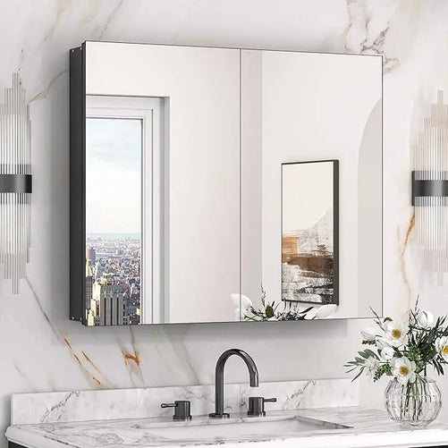 Sleek Medicine Cabinet Mirror with Storage – Aluminum, Tempered Glass, Adjustable Shelves, Surface Mount/Recessed – Modern Farmhouse Style for Bathroom Vanity, Bedroom, and More