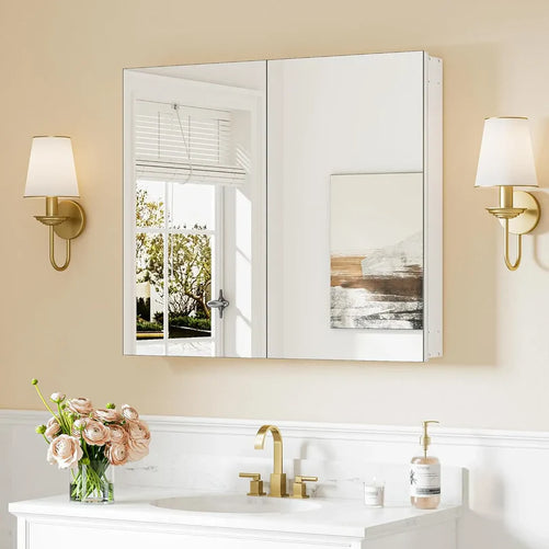 Sleek Medicine Cabinet Mirror with Storage – Aluminum, Tempered Glass, Adjustable Shelves, Surface Mount/Recessed – Modern Farmhouse Style for Bathroom Vanity, Bedroom, and More