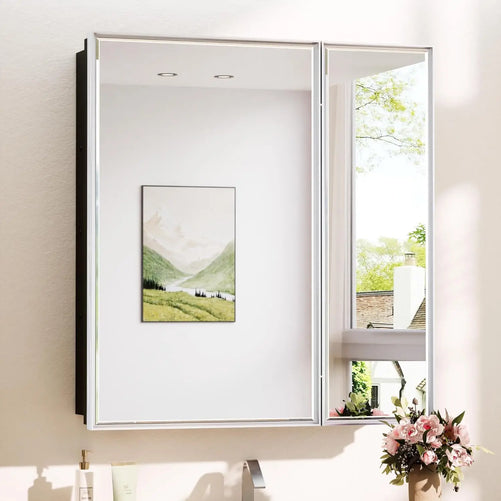 Modern Bathroom Vanity Mirror with Storage – Beveled Metal Frame, Aluminum Alloy Medicine Cabinet with Adjustable Shelves – Ideal for Bathroom, Living room Organization and Stylish Décor