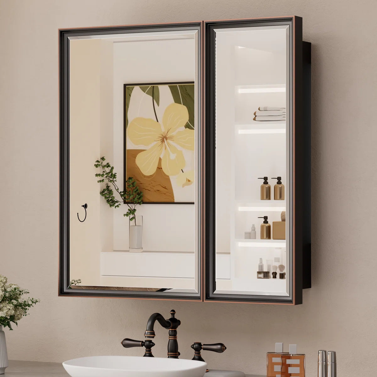 Modern Bathroom Vanity Mirror with Storage – Beveled Metal Frame, Aluminum Alloy Medicine Cabinet with Adjustable Shelves – Ideal for Bathroom, Living room Organization and Stylish Décor