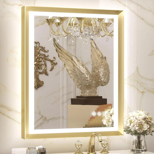 LED Bathroom Vanity Mirror with Frame – Front & Backlit, Aluminum Rectangle, Beveled Edge, 3-Color Stepless Dimmable, Anti-Fog, Memory Function, Wall-Mounted Lighted Mirror