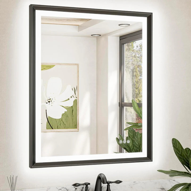 LED Bathroom Vanity Mirror with Frame – Front & Backlit, Aluminum Rectangle, Beveled Edge, 3-Color Stepless Dimmable, Anti-Fog, Memory Function, Wall-Mounted Lighted Mirror