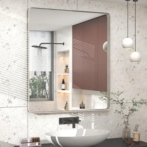 Aluminum Framed Bathroom Vanity Mirror – HD Tempered Glass Wall-Mounted Design, Ideal for Over-the-Sink Use, Supports Horizontal/Vertical Installation for Modern Décor
