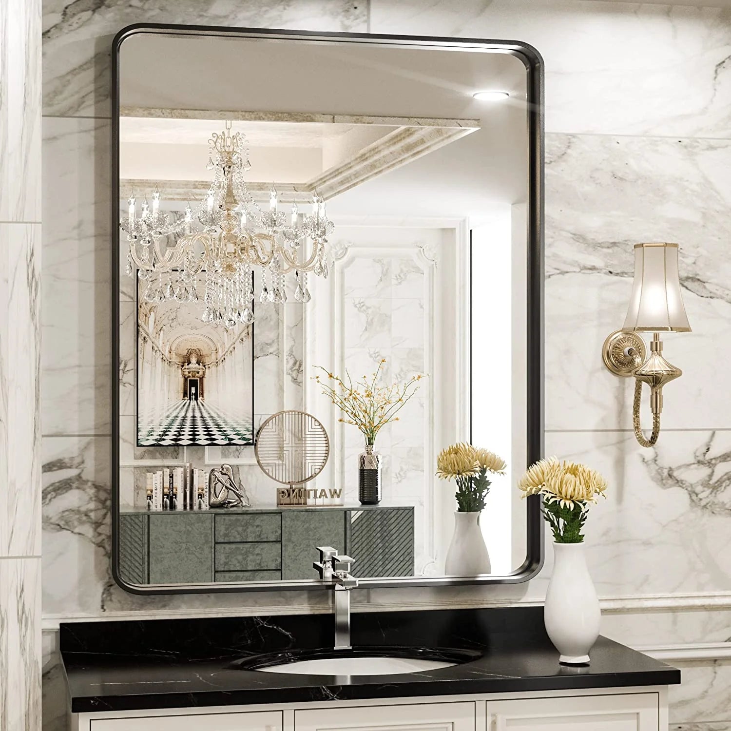 Framed Bathroom Wall Mirror with Non-Rusting Aluminum Alloy in Brushed Metal Finish – Stylish Modern Farmhouse Design for Bedroom, Living Room, or Bathroom