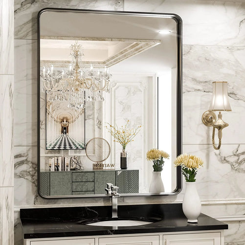 Framed Bathroom Wall Mirror with Non-Rusting Aluminum Alloy in Brushed Metal Finish – Stylish Modern Farmhouse Design for Bedroom, Living Room, or Bathroom