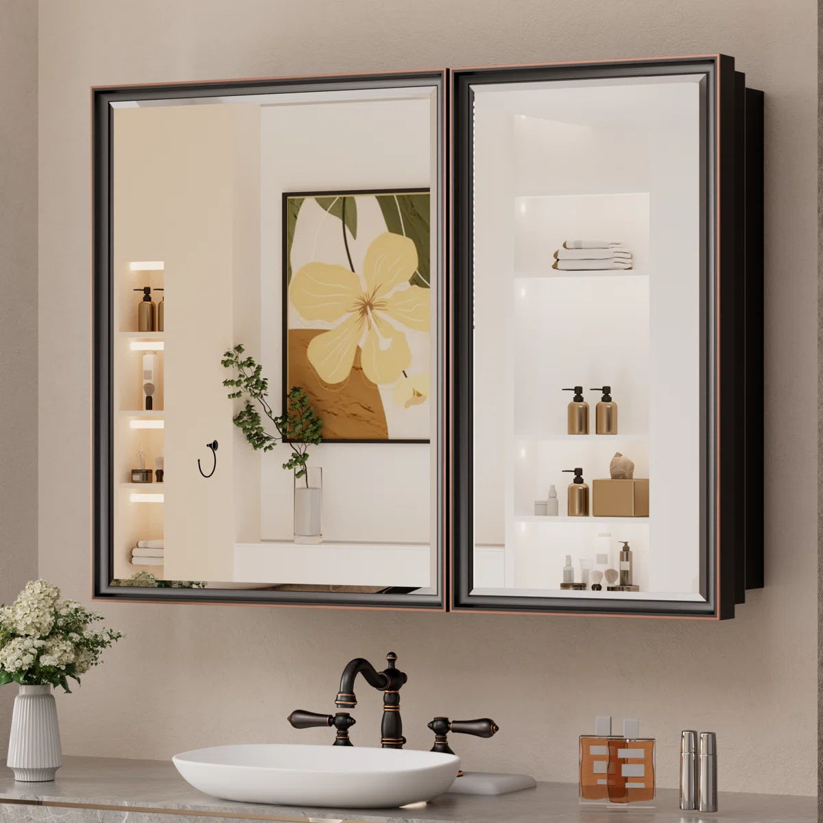 Modern Bathroom Vanity Mirror with Storage – Beveled Metal Frame, Aluminum Alloy Medicine Cabinet with Adjustable Shelves – Ideal for Bathroom, Living room Organization and Stylish Décor
