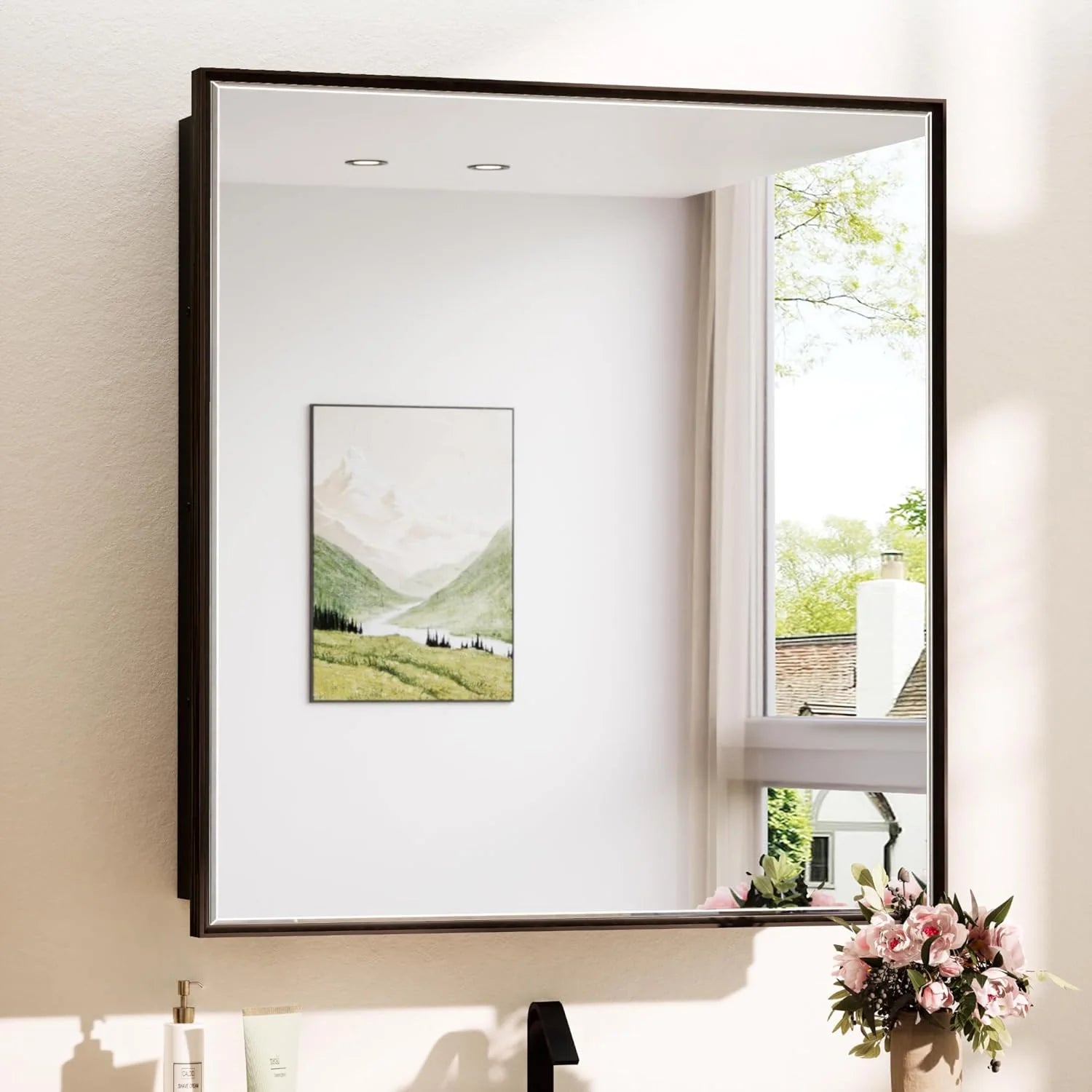 Modern Bathroom Vanity Mirror with Storage – Beveled Metal Frame, Aluminum Alloy Medicine Cabinet with Adjustable Shelves – Ideal for Bathroom, Living room Organization and Stylish Décor