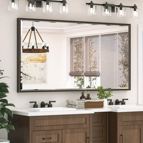 Rectangular Bathroom Vanity Mirror – Framed Wall-Mounted Mirror with Beveled Edge, Decorative Design for Over Sink, Modern Classic Style for Bathroom, Entryway, or Bedroom
