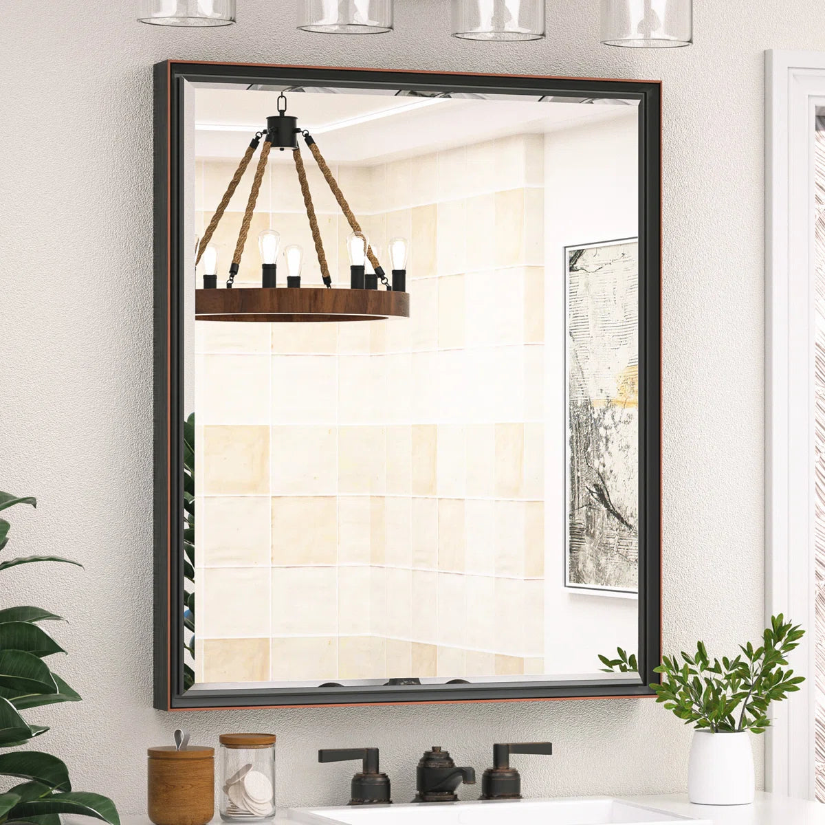 Rectangular Bathroom Vanity Mirror – Framed Wall-Mounted Mirror with Beveled Edge, Decorative Design for Over Sink, Modern Classic Style for Bathroom, Entryway, or Bedroom