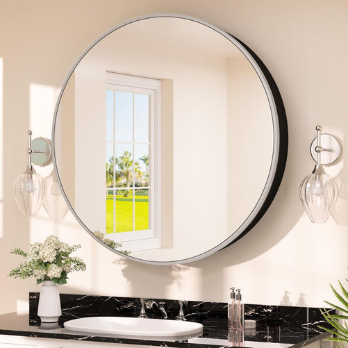 Round Bathroom Medicine Cabinet with Mirror – Metal Framed, Circular Farmhouse Design – Surface Mount Only – Small Wall-Mounted Vanity Mirror for Bathroom Storage & Stylish Décor