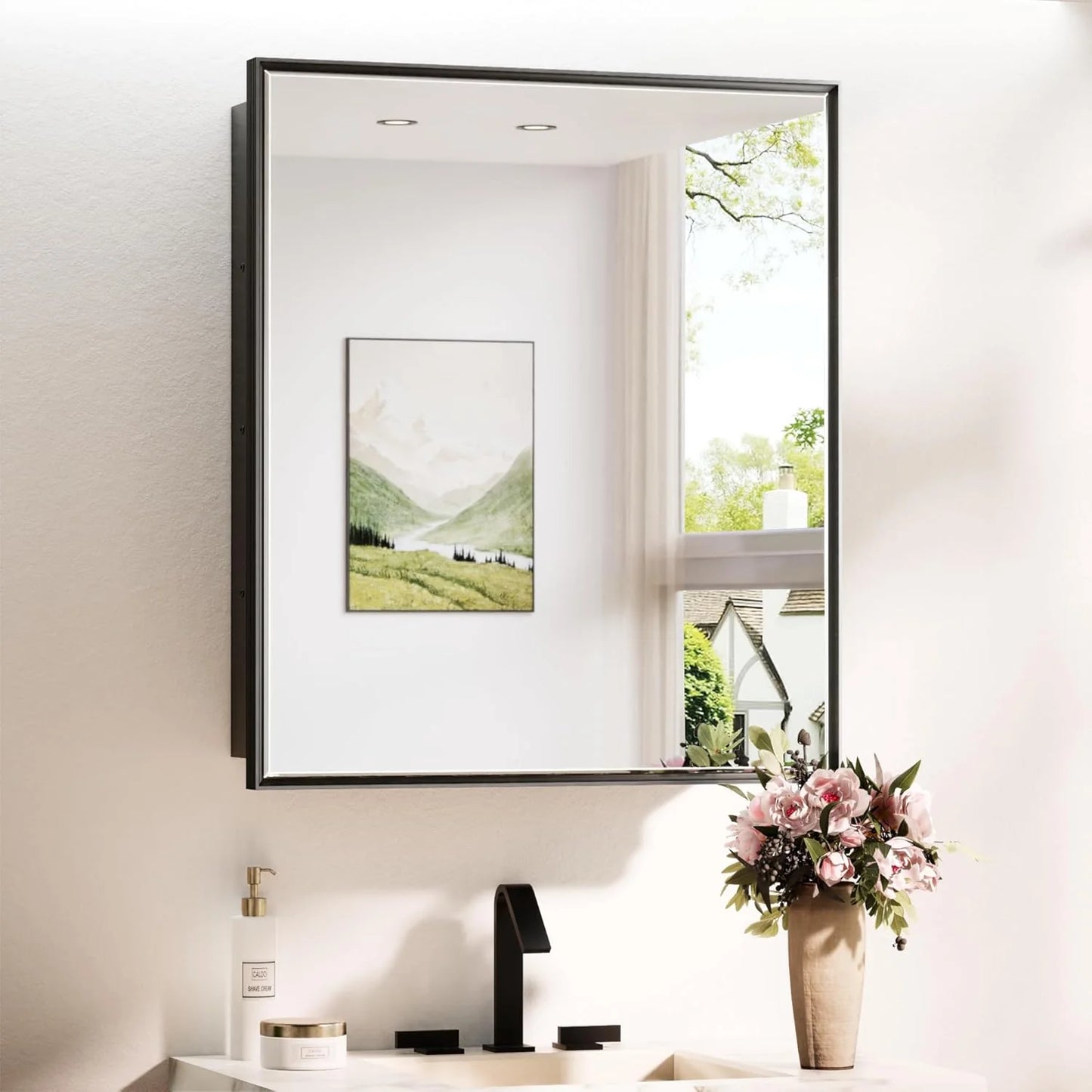 Modern Bathroom Vanity Mirror with Storage – Beveled Metal Frame, Aluminum Alloy Medicine Cabinet with Adjustable Shelves – Ideal for Bathroom, Living room Organization and Stylish Décor