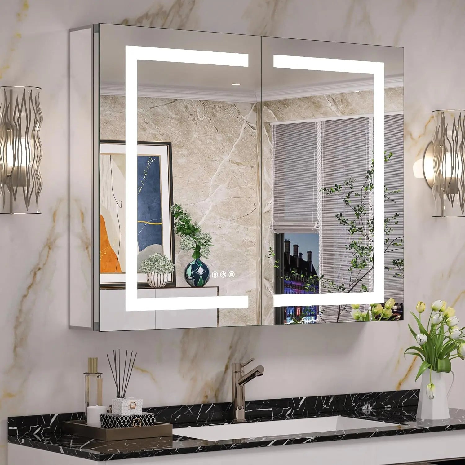 Modern Bathroom Vanity Mirror with Storage – Beveled Metal Frame, Aluminum Alloy Medicine Cabinet with Adjustable Shelves – Ideal for Bathroom Organization and Stylish Décor