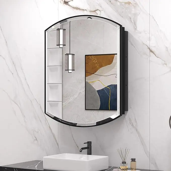 Bathroom Medicine Cabinet with Beveled Mirror – Arched Design, Recessed or Wall-Mounted – Metal Modern Cabinet with Storage – Stylish & Functional Organizer for Bathroom