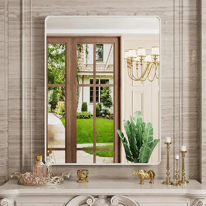 Framed Bathroom Wall Mirror with Non-Rusting Aluminum Alloy in Brushed Metal Finish – Stylish Modern Farmhouse Design for Bedroom, Living Room, or Bathroom