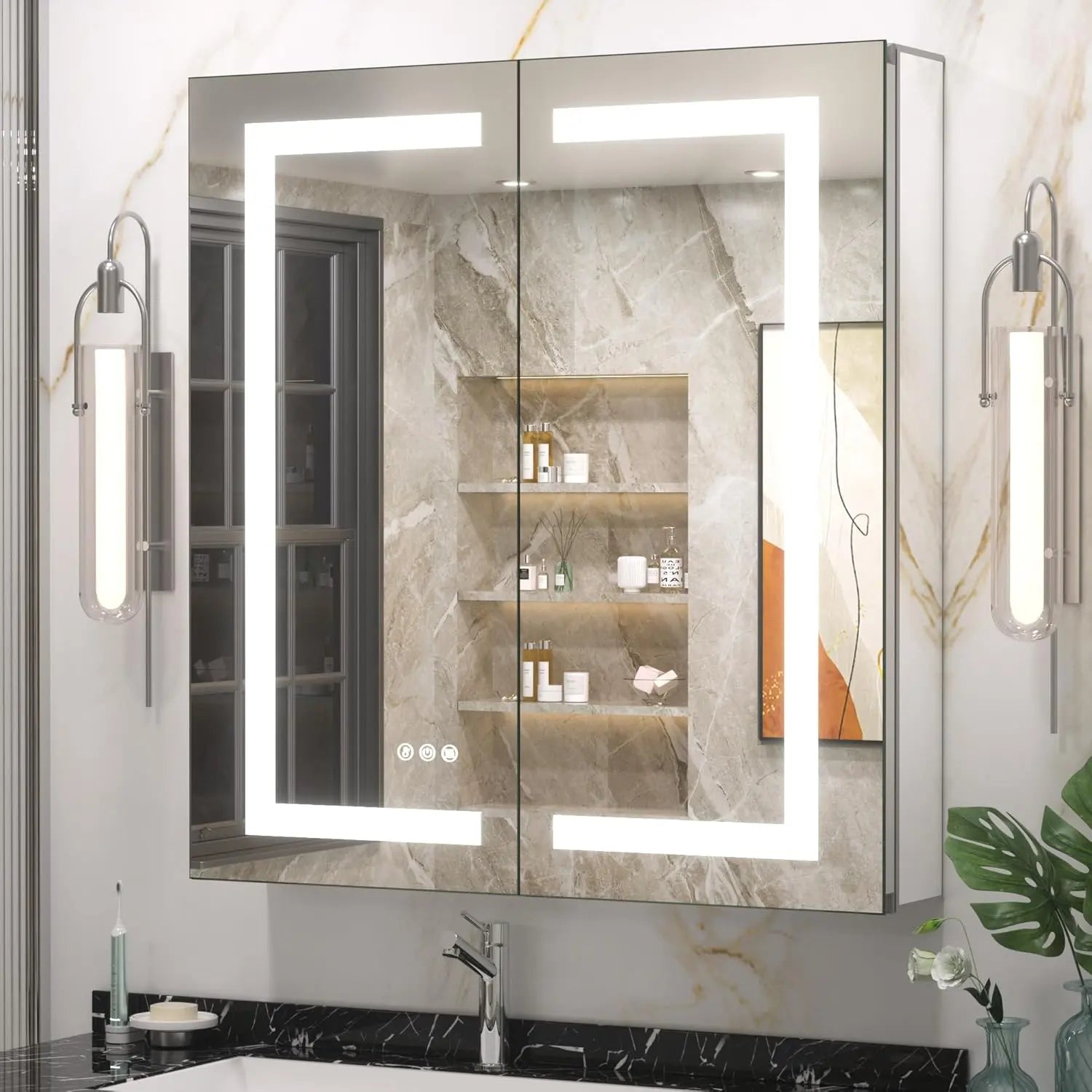 Modern Bathroom Vanity Mirror with Storage – Beveled Metal Frame, Aluminum Alloy Medicine Cabinet with Adjustable Shelves – Ideal for Bathroom Organization and Stylish Décor