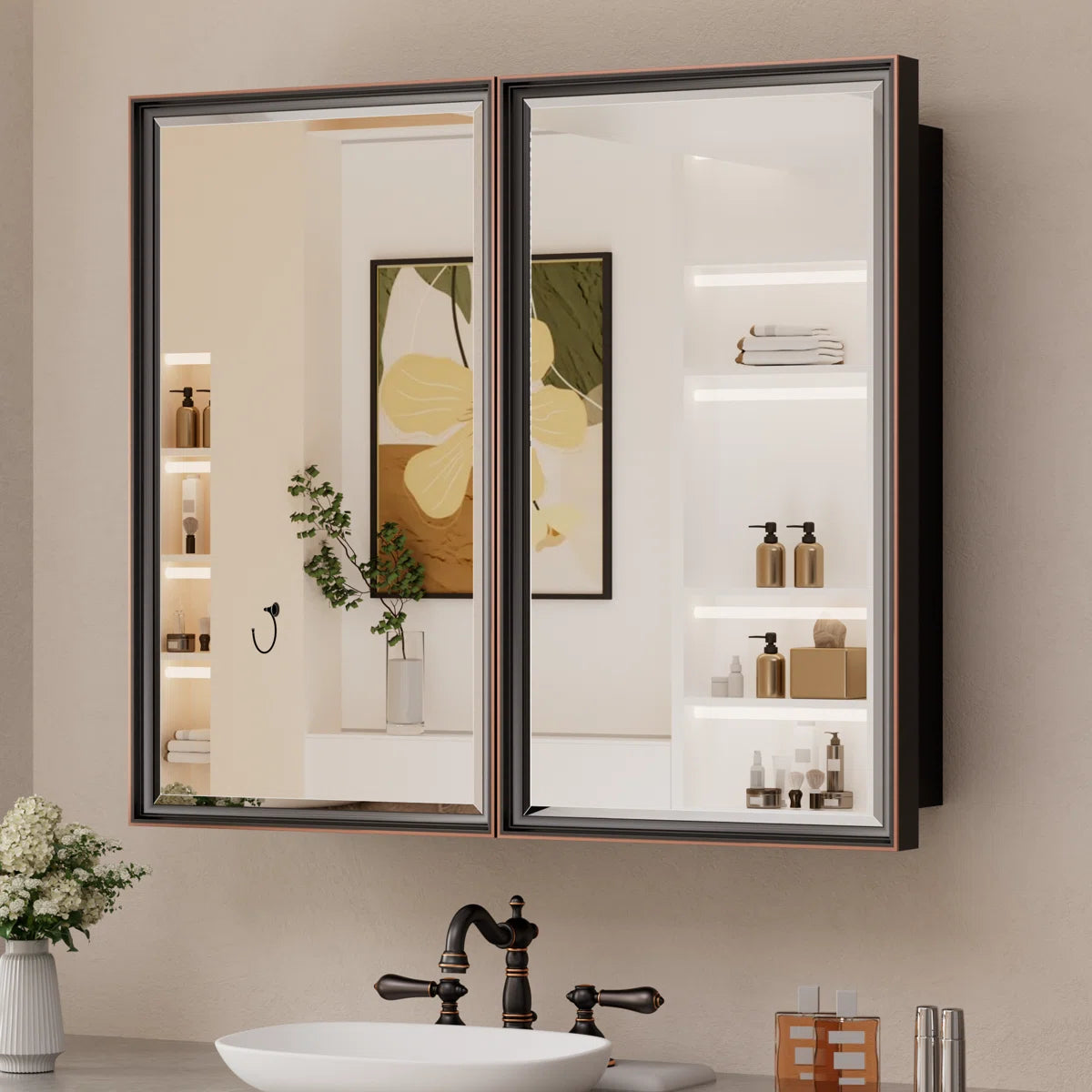 Modern Bathroom Vanity Mirror with Storage – Beveled Metal Frame, Aluminum Alloy Medicine Cabinet with Adjustable Shelves – Ideal for Bathroom, Living room Organization and Stylish Décor