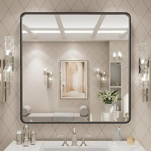 Framed Bathroom Wall Mirror with Non-Rusting Aluminum Alloy in Brushed Metal Finish – Stylish Modern Farmhouse Design for Bedroom, Living Room, or Bathroom